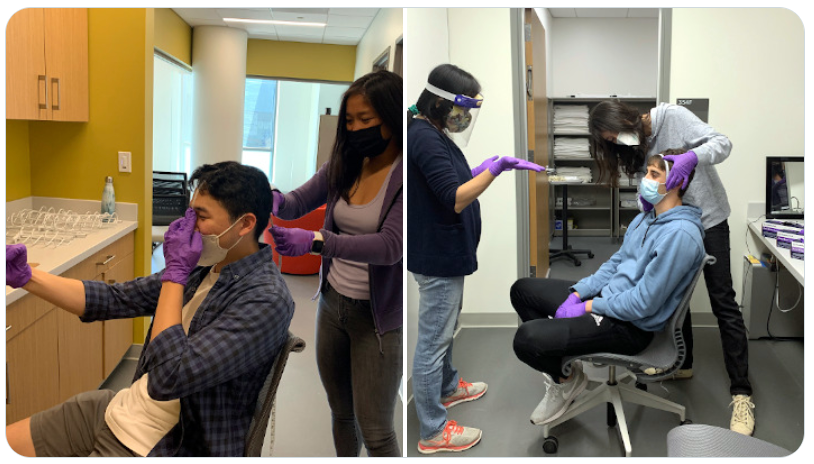 CONE LAB students measuring each other's heads for E.E.G. training in Summer 2021